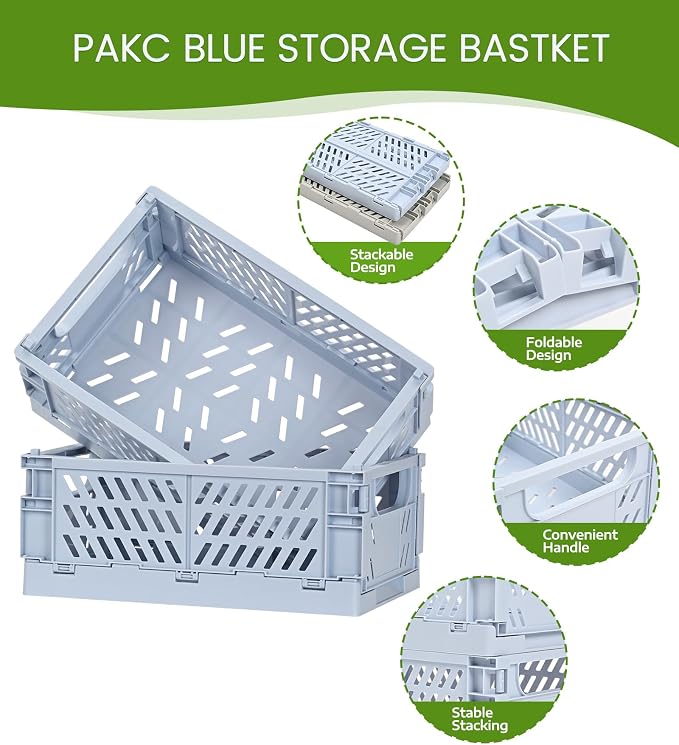 HUUSMOT 4-Pack Collapsible Plastic Storage Baskets, Blue, 9.8"x6.5"x3.8" | Pastel, Space-Saving, Collapsible Plastic Bins, Cute Mini Storage Crates, for Classroom, Kitchen, Office, Bedroom - Image 2