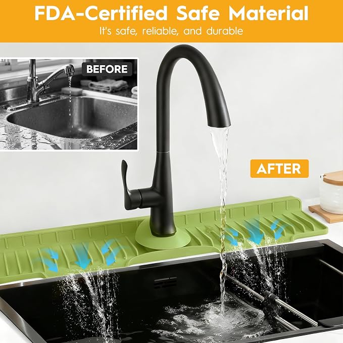 16" Silicone Faucet Mat for Kitchen Sink of The Lastest, Green | 8° Slope Fast Self-draining, Kitchen Sink Water Splash Guard, Behind Faucet Draining Mat, for Bathroom Kitchen Sink Area - Image 4
