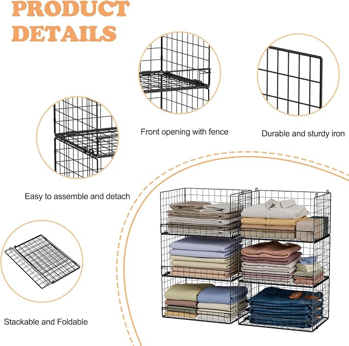 Yociyoga 6-Tier Stackable Closet Organizers and Storage Shelves, Closet Shelf Organizer Basket Bins, Foldable Sweater Storage for Clothes Organizer System, Black（Patent No. 30022416） - Image 5
