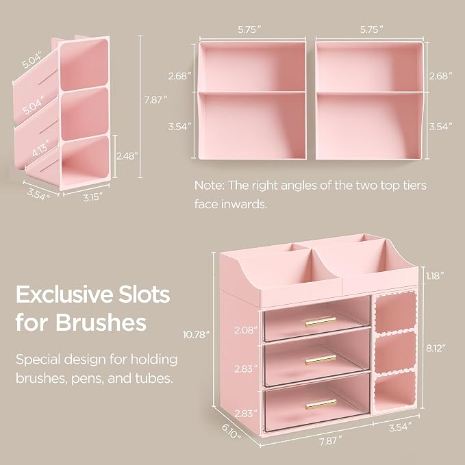 HBlife Makeup Organizer Countertop with Brush Holder,Large Bathroom Counter Organizer with Drawers,Skincare Organizers for Vanity,Plastic Dresser Organizer Storage Gift for Women Girl Mom,Pink - Image 3