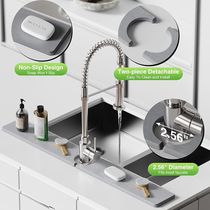 Premium Stone Faucet Mat for Kitchen Sink, 30" x 4" Light Gray | Quick Drying & Water Absorbent, Sink Splash Guard Tray for Prevents Moisture Buildup - Image 5