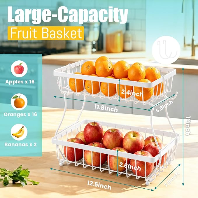 2-Tier Fruit Basket for Kitchen Counter with 2 Banana Hangers | Large Metal Fruit Bowl, Versatile Holder for Veggies, Produce Storage, 12.5"×7.5"×12"-White - Image 2