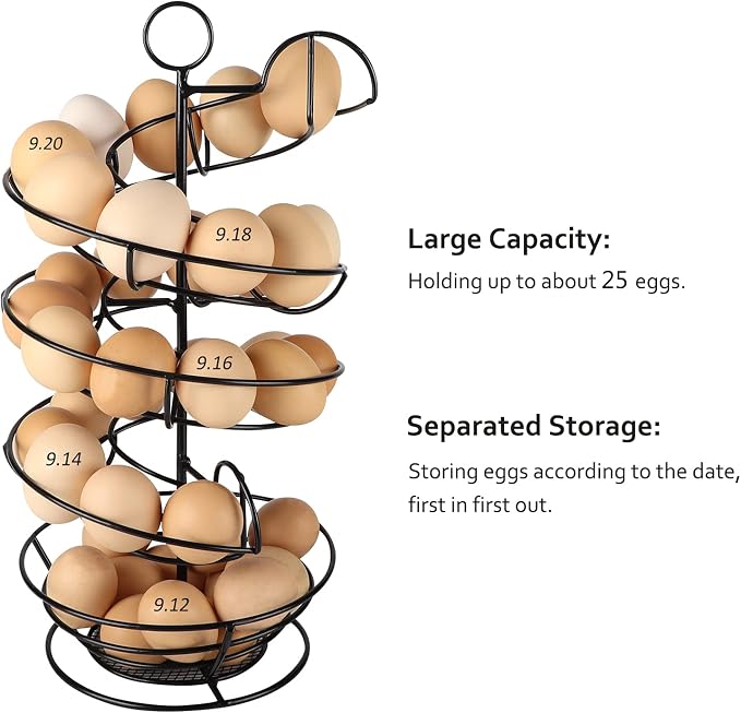 QUTREY Black Metal Egg Skelter with Storage Basket, Spiral Design Egg Holder for Large Egg for Countertop, Kitchen - Image 5