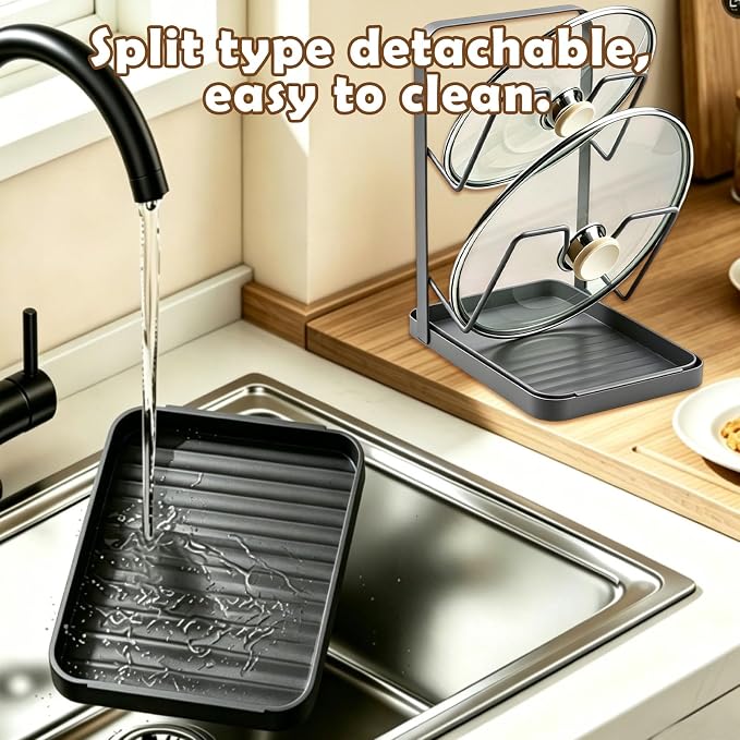 BEEFLYING Pot Lid Holder Organizer for Countertop with Tray, Gray | Holds 2 Pot Lids, 7.17*5.39*8.86In, Carbon Steel for Cooking Stove Top Kitchen Counter Cabinet Blanched - Image 2