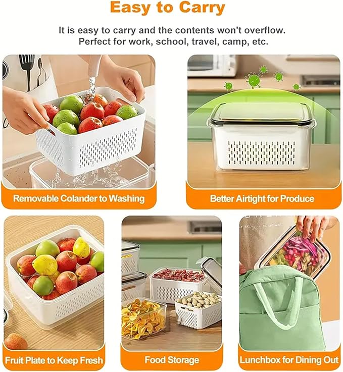 3pcs 4 in 1 Fruit Storage Containers for Fridge with Removable Colanders | Airtight, stackable, keeps food fresh. Dishwasher safe. Berry, vegetable, produce basket, strainer, refrigerator keeper - Image 7