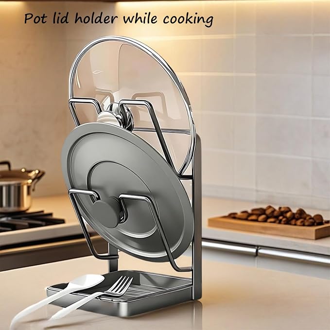 Kitchen Pot Lid Storage Rack, Pot Lid Holder While Cooking for Countertop | Stainless Steel Pot Lid Rack, Kitchen Countertop Organizer Removable Drip Tray, Lid Cutting Board Ladle Storage for Stove Top - Image 8