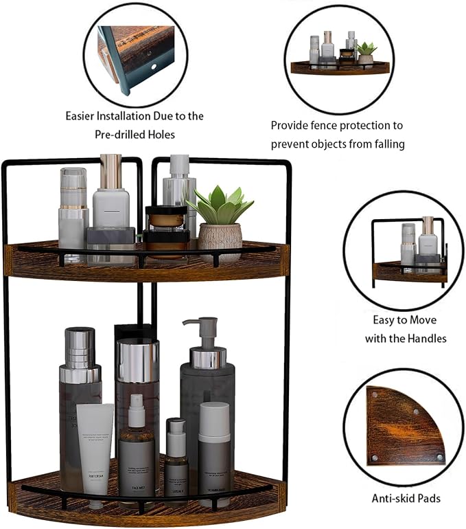 Dorhors Corner Bathroom Counter Organizer,Vanity Countertop Storage Shelf | 2-Tier Dark Red Rack Holder for Skincare,Perfume,Makeup,Lotion,Wood Sink Tray Stand for Kitchen,Restroom,Dresser - Image 4