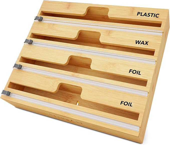 SpaceAid WrapNeat 4 in 1 Wrap Dispenser with Cutter and Labels, Plastic Wrap, Aluminum Foil and Wax Paper Dispenser for Kitchen Drawer, Bamboo Roll Organizer Holder, Compatible with 12" Roll by SpaceAid