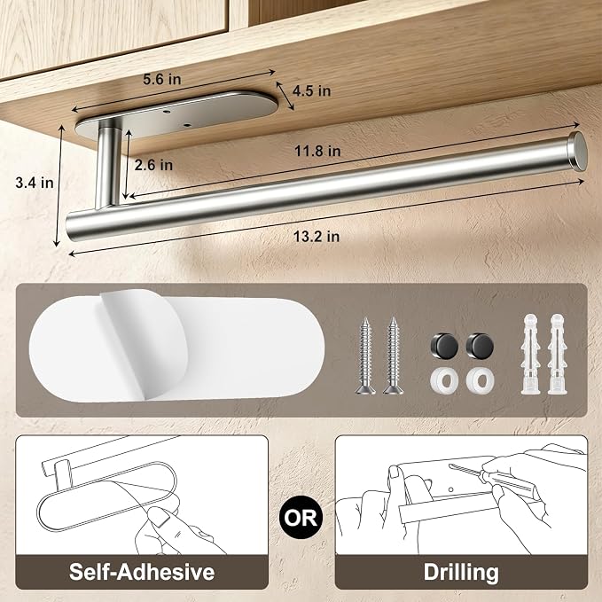 2-Pack Paper Towel Holder for Kitchen, Self-Adhesive & Drilling Mount | Under Cabinet Organizer, SUS 304 Stainless Steel Wall Mounted Rack, Bathroom, RV - Image 6
