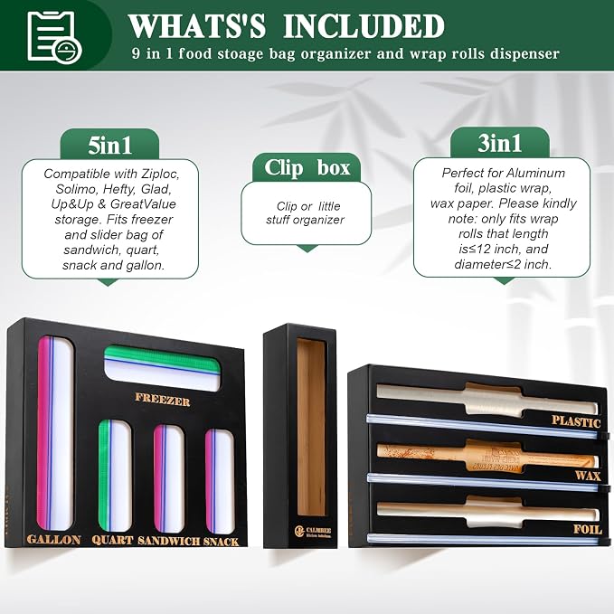 Calmbee 9 in 1 Bamboo Storage Bag Organizer for Kitchen Drawer – Plastic Wrap Dispenser with Cutter & Foil Organizer, Wooden Baggie Organizer for Sandwich, Snack, Gallon, Quart Sizes, Black - Image 3