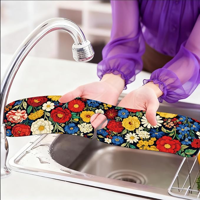 2 Pcs Kitchen Sink Splash Guard Faucet Mat Vintage Colored Flowers Pattern Faucet Mat for Sinks Absorbing Drying Mat for Kitchen Bathroom, 23.6x5.5inch - Image 6