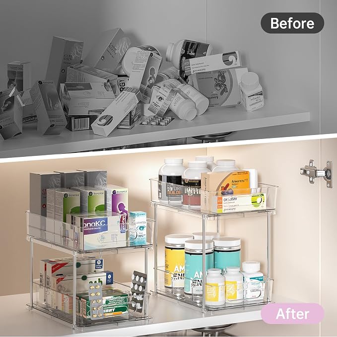 Delamu 2 Tier Under Sink Organizer Bathroom, Bathroom Cabinet Organizer with Snap-Lock Design and Hooks, Pull Out Storage with Movable Dividers, for Countertop, Kitchen and Pantry (Clear, 2 Pack) - Image 5