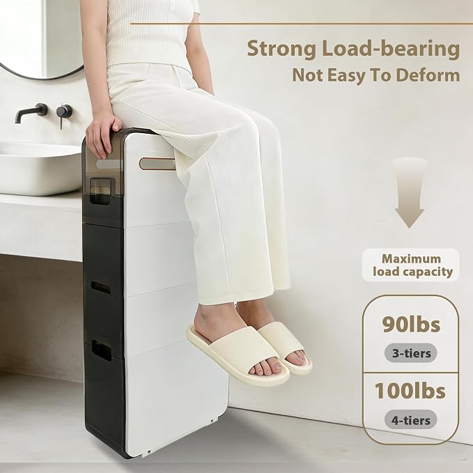 BGYMF 3-Tier Narrow Slim Bathroom Storage Cabinet,Movable,White | ABS and PP,with Wheels and Drawers,Large Storage Capacity,Water Resistant,Toilet Paper Holder,for Small Spaces - Image 5