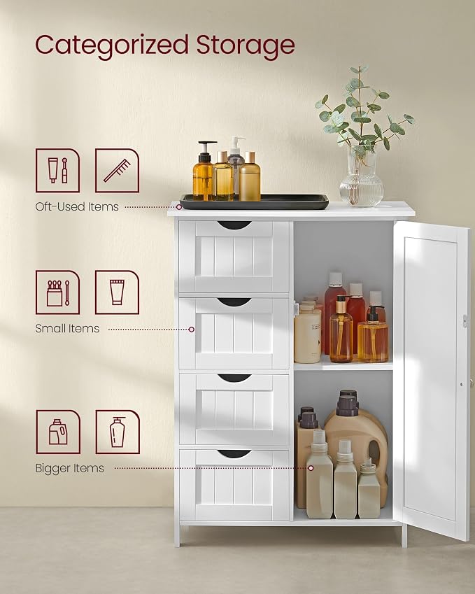 VASAGLE Storage Cabinet with Drawers, Freestanding Floor Cabinet with Door, 13.8 x 25.6 x 35.4 Inches, Adjustable Shelf, for Bathroom, Living Room, Kitchen, Cloud White ULHC042WH01S - Image 4
