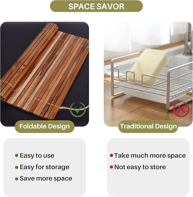 HTB Over Sink Dish Drying Rack 17.8'' x 16.1” Teak Wood | Roll Up Dish Drying Rack for Kitchen Counter,Space Saving,Collapsible Dish Drying Mat for Bowls,Vegetables,Fruits,Bottles - Image 7