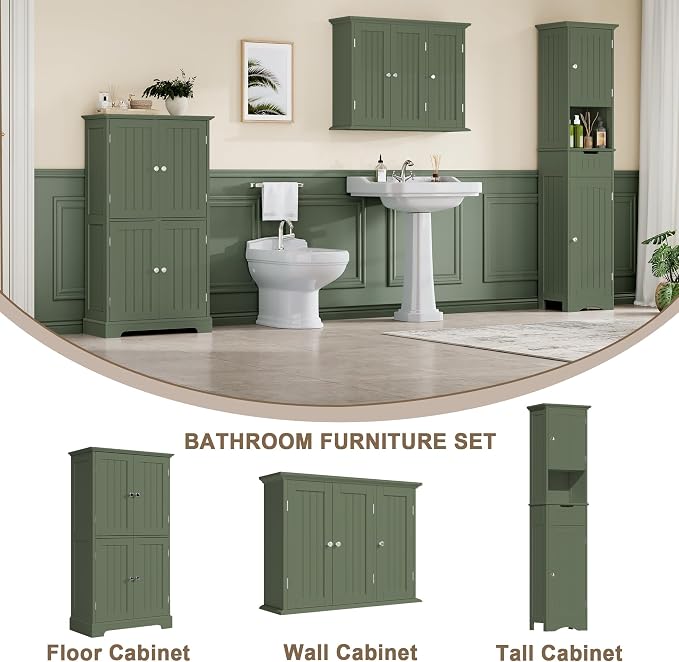 ChooChoo Laundry Cabinet with 3 Doors and Adjustable Shelves | 9.06"D x 31.1"W x 24"H, Bathroom Wall Cabinet, Cupboard, Green - Image 5