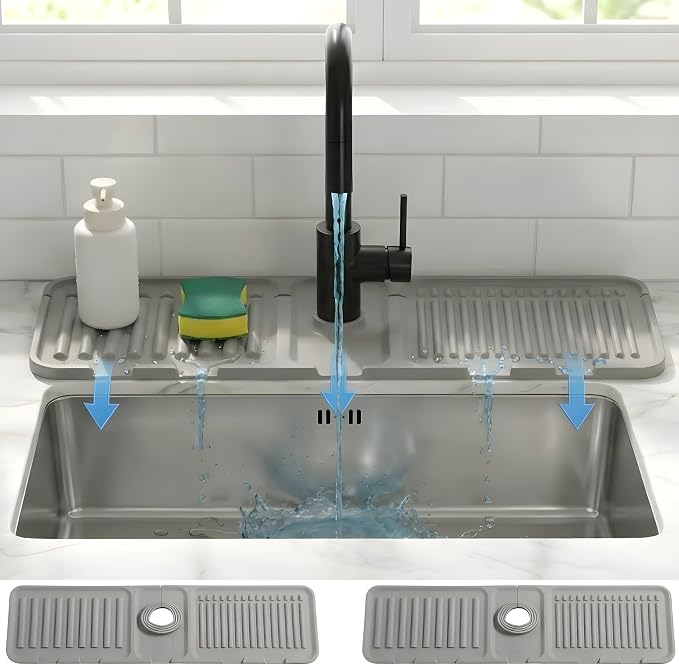 Silicone Faucet Mat for Kitchen Sink Splash Guard, 2-Piece Set – Each (15 × 4.5 in) – 5° Slope Fast Draining Water Guard – Universal Fit for 3.5–6 cm Faucets – Counter Protection, Grey by Unknown