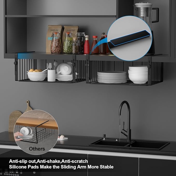 AmonHouseware 2Pack Under Shelf Basket Storage,Adjustable Hanging,Black | Under Cabinet Shelf Add-on, Slide-in Baskets,Organizer for Laundry Room Kitchen Pantry Desk Bookshelf Counter Cupboard - Image 5