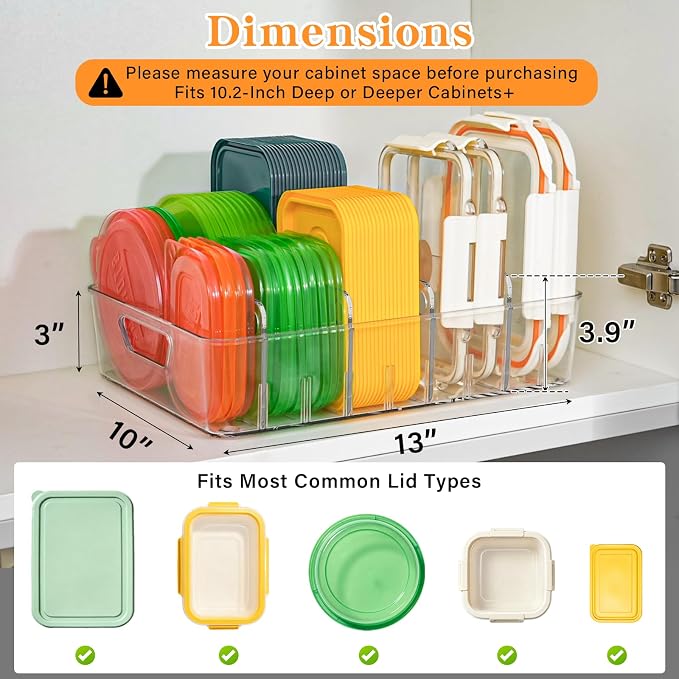 2 PACK Kitchen Cabinet Organizer for Food Contanier Lid, Clear Plastic Lid Holder with Adjustable Dividers for Pantry Organizers and Storage, Lid Storage Organizer for Home Drawer Organization - Image 2