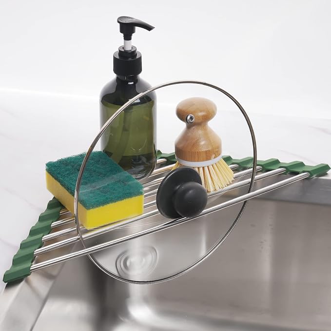 Tomorotec Triangle Roll-Up Dish Drying Rack for Sink Corner Small Foldable Stainless Steel Over The Sink Multipurpose Kitchen Drainer Caddy Organizer Storage Shelf Holder (Olive Green) | BPA-Free Food-Grade Silicone Edges Foldable Waterproof Rustproof ... - Image 9