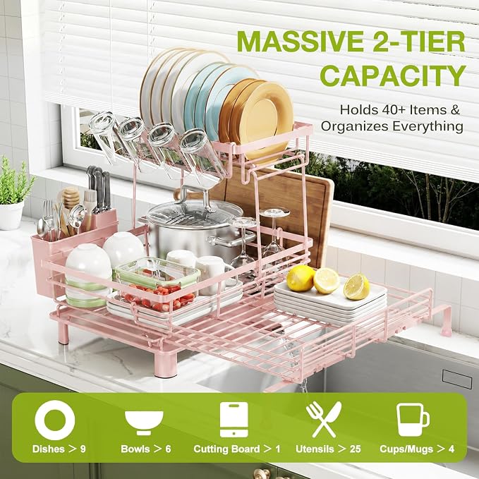 2-Tier Expandable Dish Drying Rack, Kitchen Counter Pink | Large Capacity Kitchen Organization, Heavy-Duty Carbon Steel, Swivel Drain Spout, Cup Hooks & Utensil Holder - Image 5