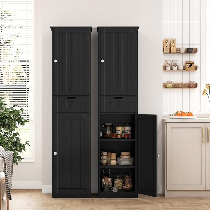 Iwell 67" H Bathroom Storage Cabinet, Tall Bathroom Cabinet | Narrow Storage Cabinet with Doors and Drawer, Adjustable Shelves, Floor Cabinet for Bathroom, Living Room, Kitchen - Image 2