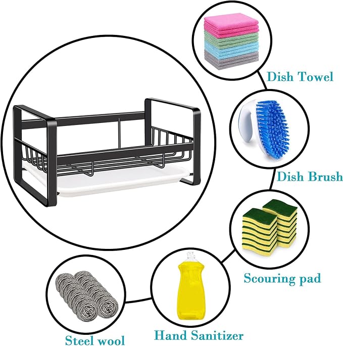 VANTEN Kitchen Sink Caddy Sponge Holder Organizer, Sink Tray Drainer Rack, Soap Dish Dispenser Brush Holder Storage Accessories - Countertop or Adhesive Wall Mount, Matte Black Stainless Steel - Image 4