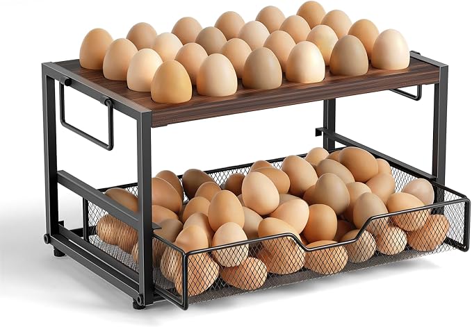 Compact 2-Tier Wooden Egg Holder with Basket, Holds 84+ Eggs | Wooden 2-tier egg holder with basket & carry handle , holds 24+60 chicken, duck & quail eggs by Unknown
