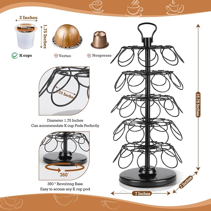 K Cup Holder 40 Pods Capacity, Coffee Pods Holder Storage Organizer Stand | K Cup Carousel, 360°Rotating K Cup Organizer, Easy-Grip Top Handle,Space-Saving for Countertop, K Cups Holder Easy Assembly - Image 3
