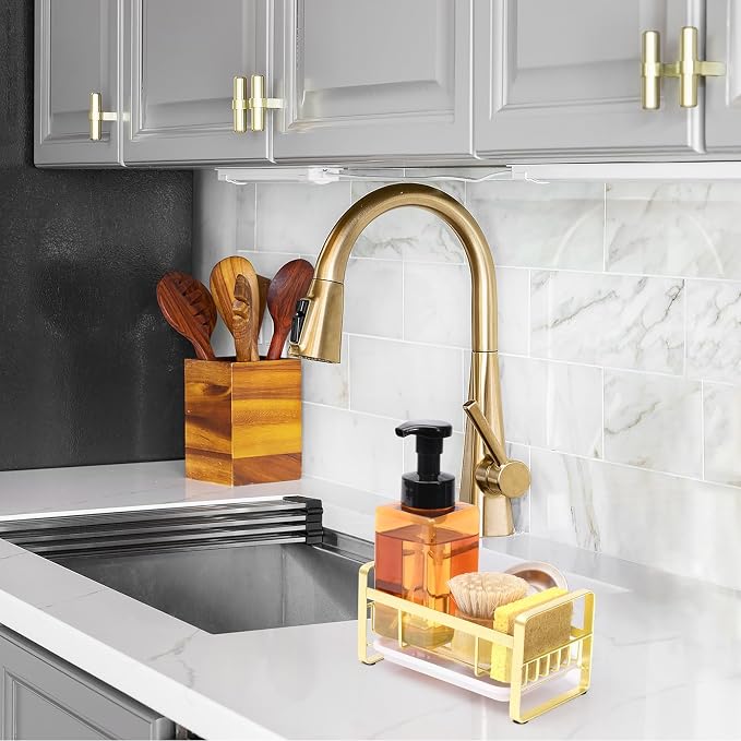 HULISEN Kitchen Sink Sponge Holder, 304 Stainless Steel Kitchen Soap Dispenser Organizer, Countertop Drainer with Removable Tray, not Including Dispenser and Brush, Gold | Removable Drain Tray, Holds Sponges Soap Bottles Brushes, Countertop Storage, No... - Image 2