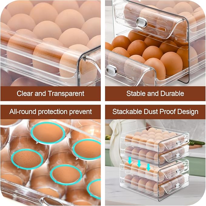 2 Tier Egg Holder for Refrigerator, 40 Eggs Clear Drawer Organizer | Clear Stackable Holder Tray with Drawer for Fridge, Storage Container with Handles for Refrigerator, Countertop, Kitchen - Image 2