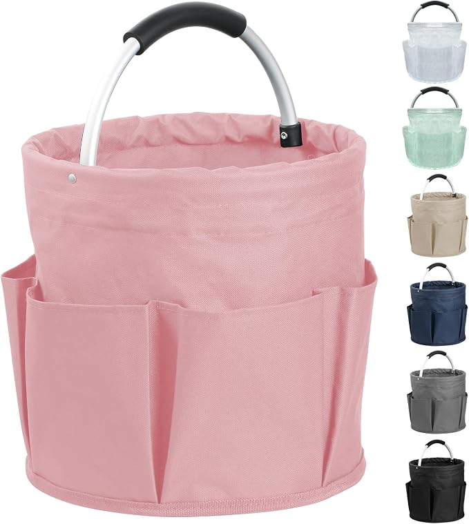17L Portable Shower Caddy with 6 Side Pockets, Foldable Cleaning Supply Caddy with Handle, Garden Tool Bag in 600D Oxford Fabric, Multifunctional Storage Basket for Showers, Picnics, Pink by IHOMAGIC