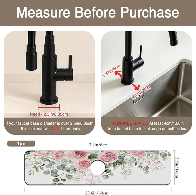 Faucet Mat for Kitchen Sink Watercolor Floral Pink Flowers Sink Splash Guard Behind Faucet Soft Diatom Mud Material Non-slip Easy to Clean for Bathroom & Kitchen 24"X5.5" - Image 2