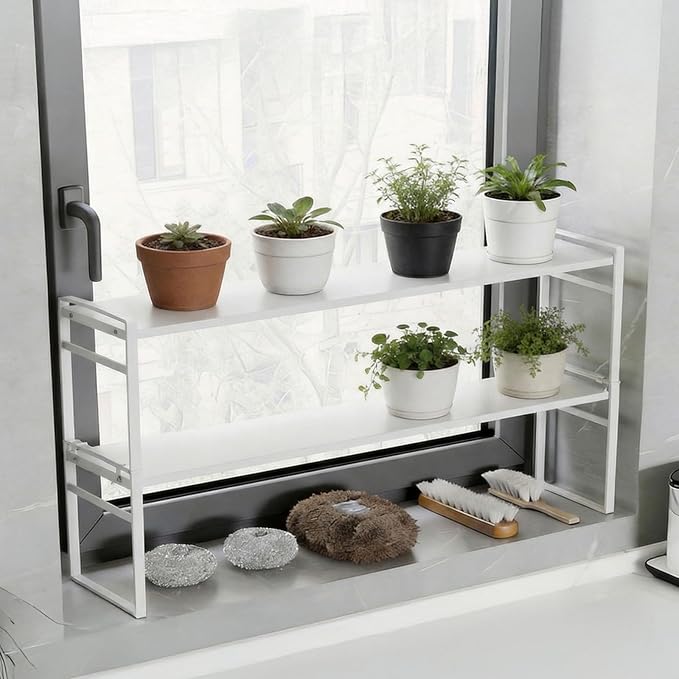 Over The Sink Shelf,Expandable Window Sill Shelf for Plants Small Tall Shelves Stackable Kitchen Organizer Shelves for Bathroom Kitchen Narrow Spaces Countertop,White - Image 7