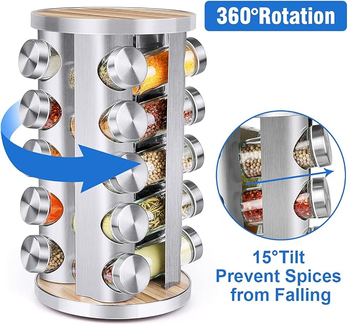 CANTAMI Spice Rack Organizer with Jars for Cabinet(20Pcs), Revolving | Stainless Steel/Wooden Countertop Rack Tower Organizer for Kitchen Pantry with Reusable Labels/Funnel/Brushes - Image 3