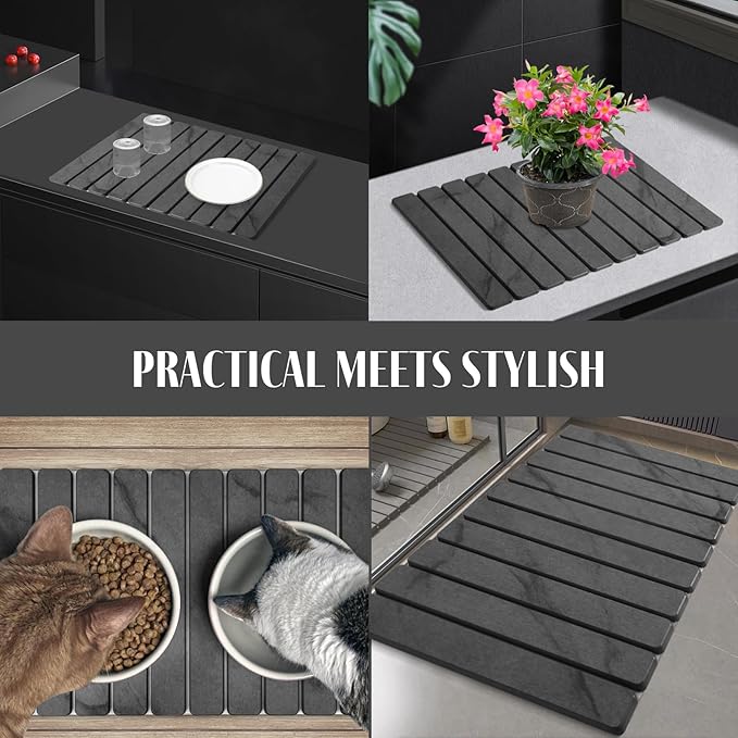 2 PCS Large Stone Dish Drying Mat for Kitchen Counter, 24"×16" Marble Dish Drying Mat with 8"x 4" Coasters, Non - Slip Collapsible Absorbent Mat for Multi - Purpose, Match Any Countertop - Grey - Image 7