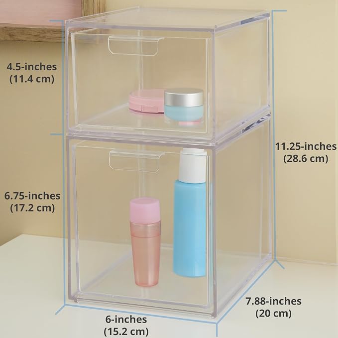 STORi Audrey Stackable Clear Bin Plastic Organizer Drawers | 2 Piece Set | Organize Cosmetics and Beauty Supplies on a Vanity | Made in USA - Image 3