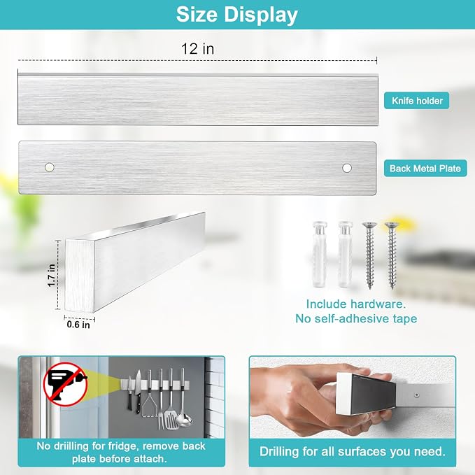 Knife Magnetic Strip, Magnetic Knife Holder for Wall Mount Fridge Refrigerator Knives Magnet Bar Tool Rack RV Kitchen Utensil Holder Metal Kitchen Tool Holder Knives Block RV Accessories 12 Inch - Image 3