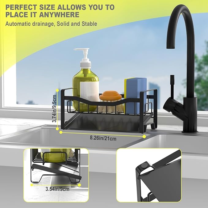Stainless Steel Kitchen Sink Caddy Organizer with Auto Drain Tray, Sponge Holder for Countertop Storage - Image 5