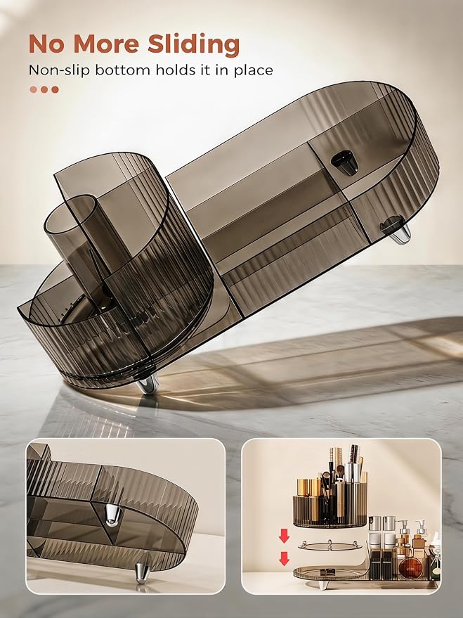 Booklov Rotating Makeup Organizer for Vanity Countertop, Smoke | Clear Acrylic Cosmetic Display Case, Large Beauty Brush Holder for Bathroom Counter, Skincare Lipsticks Storage - Image 3