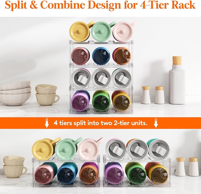 Lifewit Stackable Bottle Storage Organizer, Clear Freestanding Wine Holder for Cabinet, Large Slot Water Bottle Tumbler Cup Organizer for Pantry, Plastic Wine Rack for Fridge Cellar, 4Tier Hold 12 - Image 6