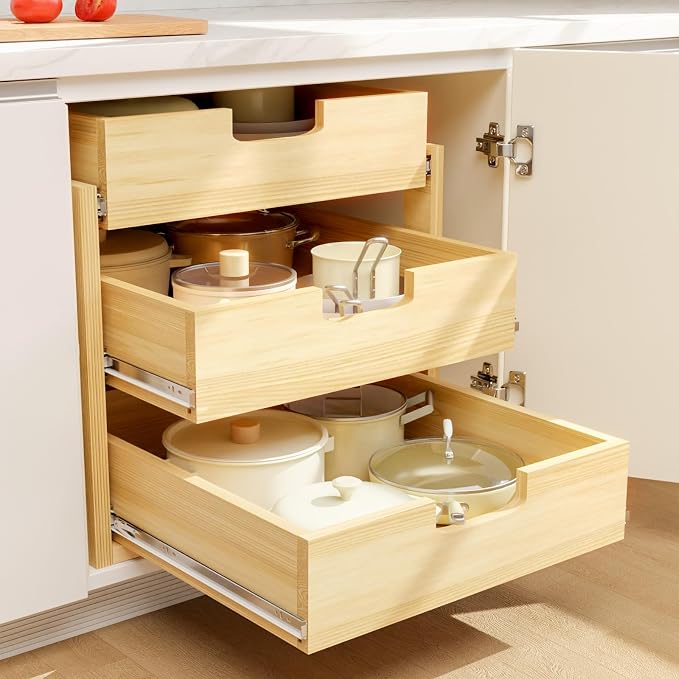 Pull Out Cabinet Organizer, 20''W×21''D Sliding Drawers for Cabinets, 3 Tier Soft Close Slide Out Wooden Pull out Drawers, Base Cabinet Organization for Kitchen, Pantry, Bathroom - Image 2