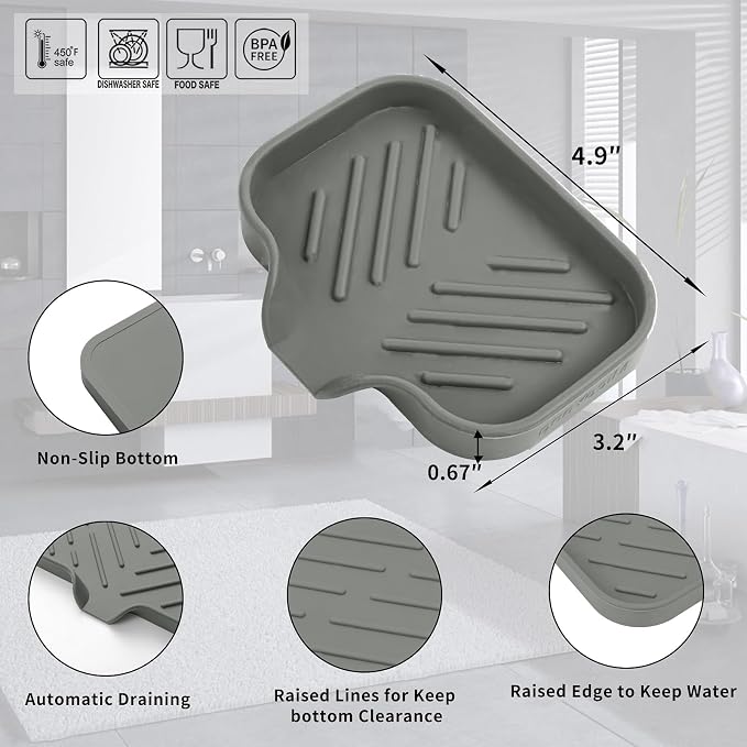 MicoYang Silicone Soap Dish with Drain Spout, Self-Draining Sink Organizer Tray for Bathroom and Kitchen, Sponges, Dispensers and Soap Holder, Non-Slip and Dishwasher Safe, Grey (Compact, 4.9"×3.2") - Image 2