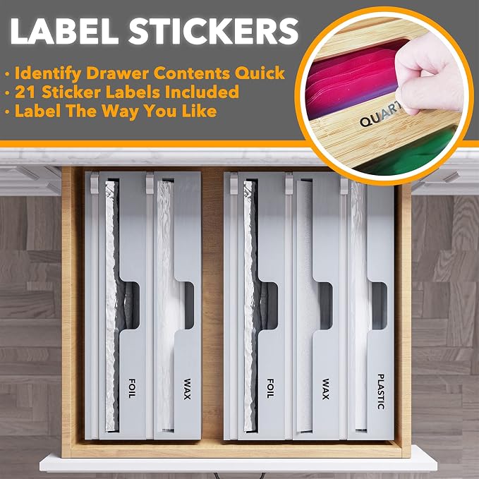 SpaceAid WrapNeat 2 in 1 Wrap Organizer with Cutter and Labels, Plastic Wrap, Aluminum Foil and Wax Bamboo Dispenser for Kitchen Storage Organization Holder for 12" Roll (Gray) - Image 4