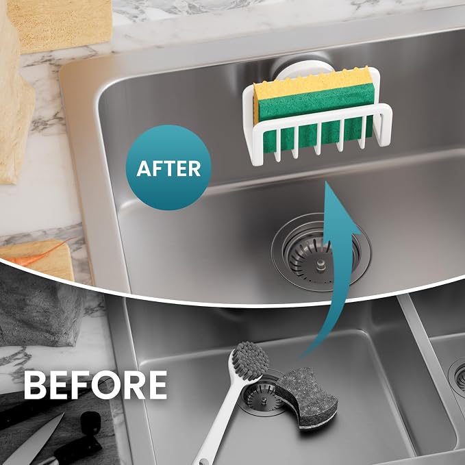 TAILI White Sponge Holder for Kitchen Sink with Strong Suction Cup | Removable Sink Caddy for Kitchen Sink Oganizer, Rustproof Aluminum Sink Sponge Holder for Scraper Brushes, Stoppers - Image 7