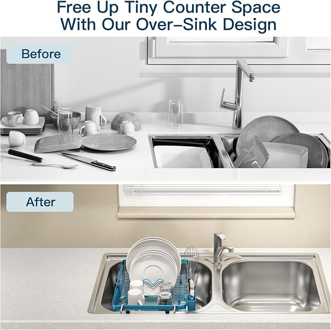 Blue Dish Drying Rack Over The Sink with Utensil Holder, Mat | Expandable Stainless Steel Dish Drainer for Small Kitchen, Apartment, RV, Counter Space Saving, Perfect Fit, Rustproof - Image 3