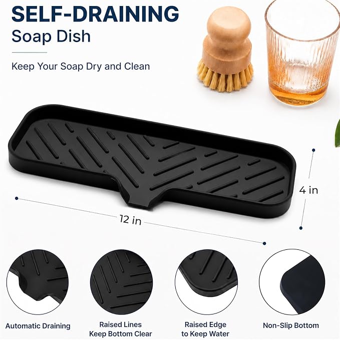 MicoYang Silicone Soap Dish with Drain Spout — Self-Draining Double Sink Organizer Tray for Kitchen & Bathroom, Dispensers, Sponges & Soap Holder, Non-Slip & Dishwasher Safe, Black (Large, 12"×4") - Image 2