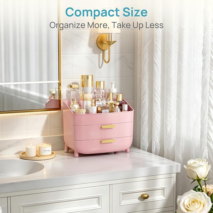Vtopmart 3-Tier Skincare Makeup Organizer, Pink | With Drawers, For Vanity and Bathroom Countertop, Large Cosmetic Storage Box Case for Dresser, With Non-Slip Base - Image 5