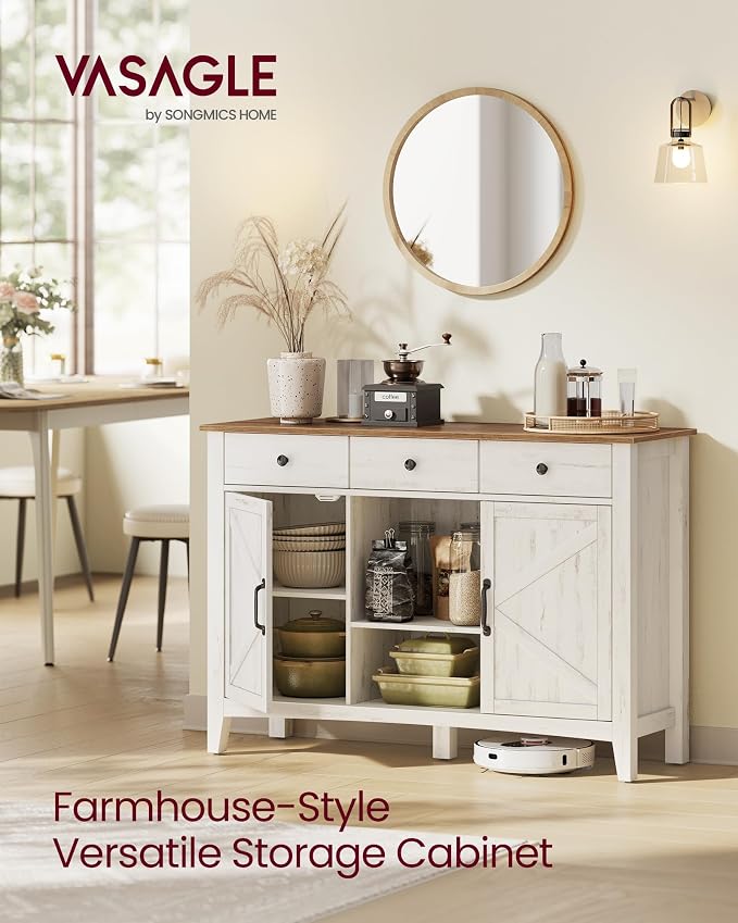 VASAGLE LIRY Collection - Coffee Bar Cabinet, Kitchen Storage Cabinet with 3 Drawers, Farmhouse Sideboard with Adjustable Shelf for Kitchen, Rustic White and Honey Brown UBBK371W01V1S - Image 4