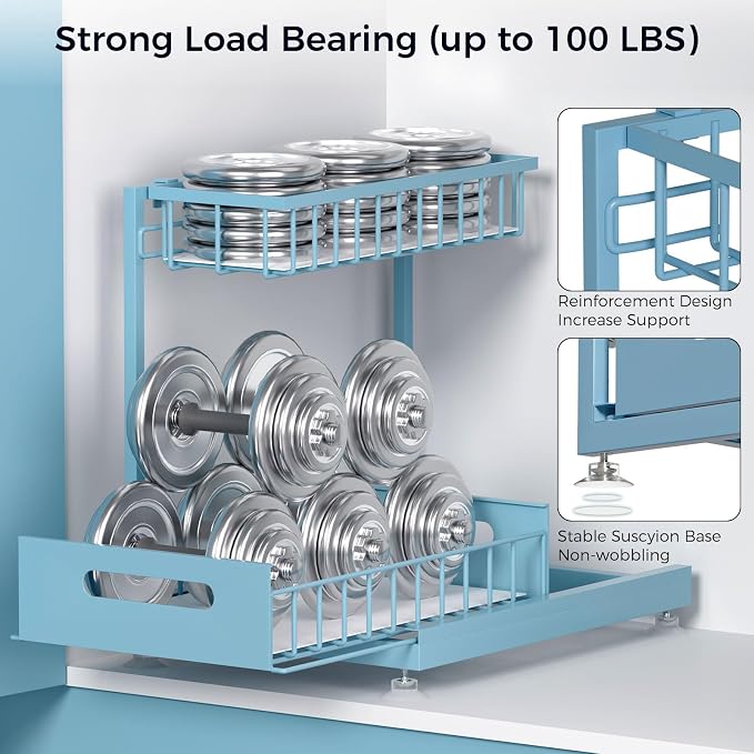L-Shaped Under Sink Organizer, 2-Tier Pull-out Cabinet Rack 1-Pack | Teal Height-Adjustable Steel Rack, Sliding Grid Drawers with PP Liners, Holds 100 Lbs, Suction Base, Ideal Kitchen Storage - Image 5